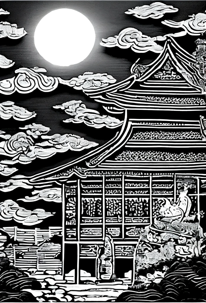 Black and white Mid-Autumn Festival elements，moon，lantern，