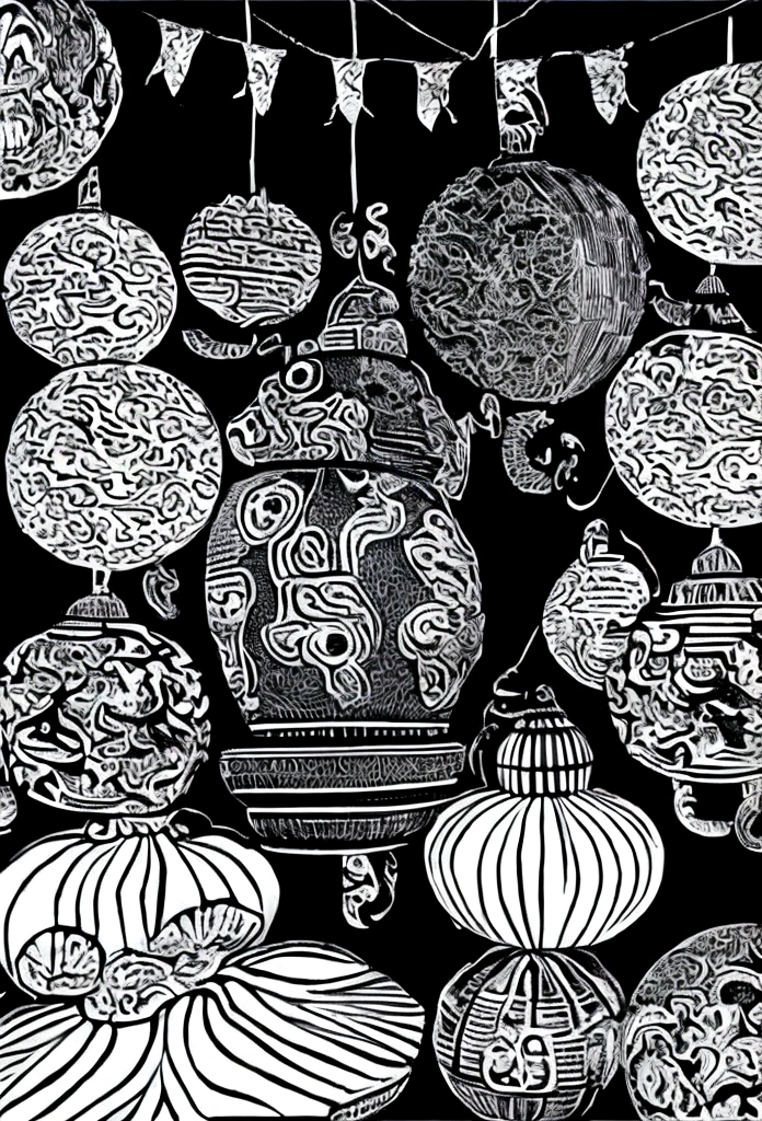 Black and white Mid-Autumn Festival elements,moon,lantern,