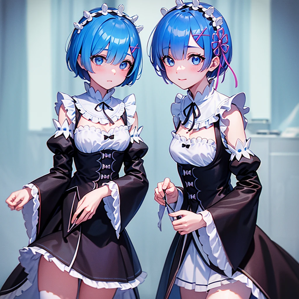 (8K, 4K, Best Quality, High Definition, Ultra High Definition: 1.1), (Masterpiece, Realistic, Photorealistic: 1.1), Solo, cute, erotic, model's expression, rem, blue eyes, blue hair, hair ornament, hair over one eye, hair ribbon, short hair, x hair ornament, apron, black ribbon, black skirt, black sleeves, detached collar, detached sleeves, flower, frilled apron, frilled skirt, frills, head wreath, long sleeves, maid, miniskirt, neck ribbon, purple ribbon, ribbon, ribbon trim, ribbon-trimmed sleeves, roswaal mansion maid uniform, short hair, skirt, thighhighs, waist apron, white apron, white thighhighs,
