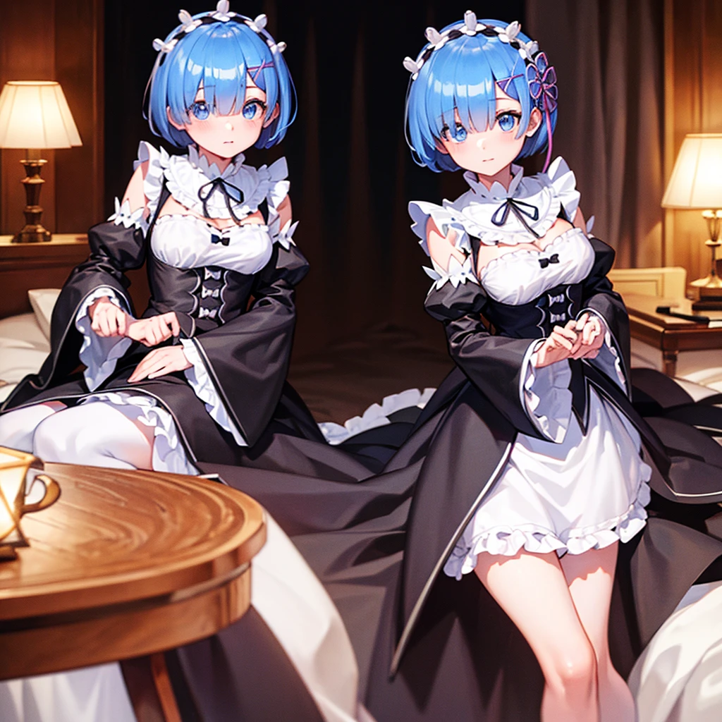 Wearing a dress、A young lady with short blue hair sitting on the throne。His face is shining。She has a cute gesture。