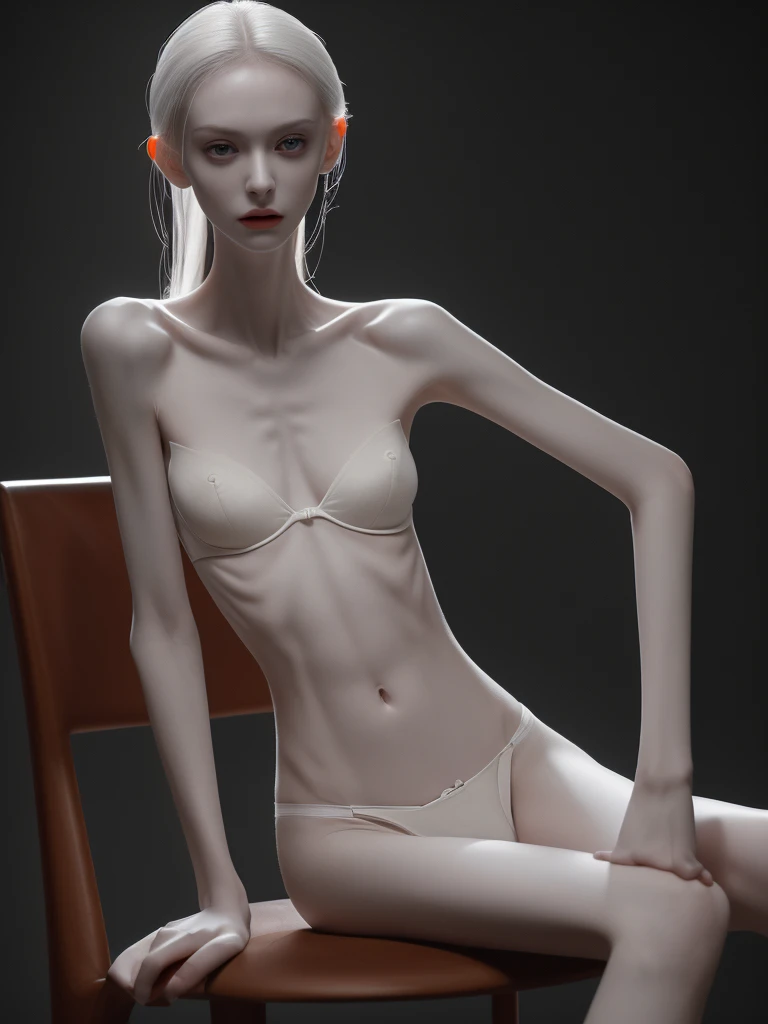 A very thin girl, extremely skinny, skin extremely pale, body showing bones, wearing panties and bra, sitting on a chair, full body shot, (best quality,4k,8k,highres,masterpiece:1.2),ultra-detailed,(realistic,photorealistic,photo-realistic:1.37),hyper detailed,intricate details,high contrast,dramatic lighting,moody atmosphere,pale skin,skinny,frail,vulnerable,erotic,sensual,provocative