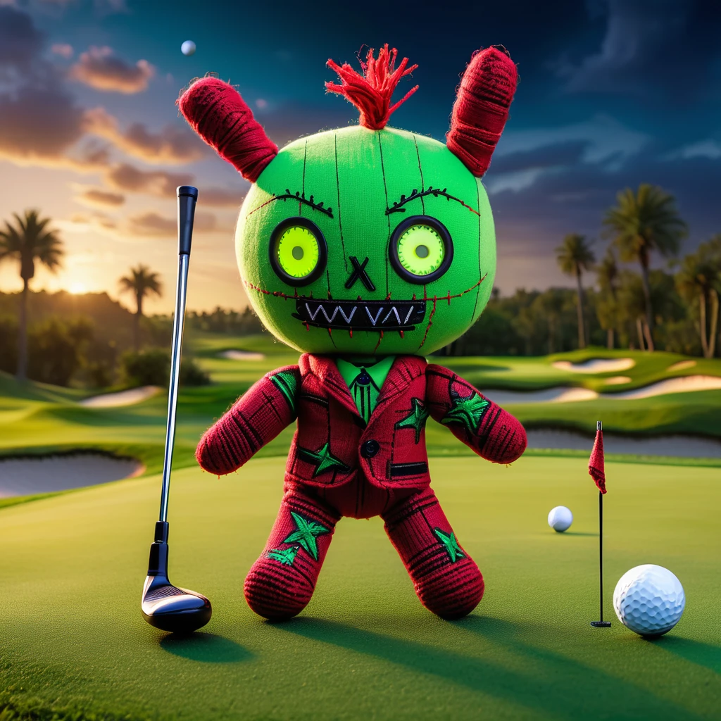 (knitted toy voodoo doll:1.7), (Voodoo on a Golf Course:1.3), (Clothing: golf attire with glowing green patterns:1.0), (Accessories: enchanted golf club emitting sparks of precision magic, levitating spectral golf balls:1.1), (background: lush golf course with floating flags, glowing fairways, and spectral golfers:1.2), best quality, masterpiece, detailed soft oil painting, detailed background, dramatic cinematic lighting, soft edge lighting, professional, dramatic lighting, hard edge lighting, ultra quality, 4k, masterpiece, best quality, 8k, ultra high definition, high resolution, extremely detailed