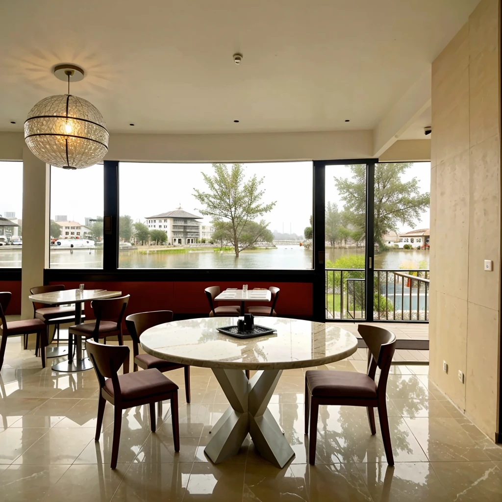 The interior of the restaurant is modern style. There is a round flat table in the middle. There is a five-page screen on the left rear of the table. There are no stools and no marble floor. There is a carp sculpture on the right front.