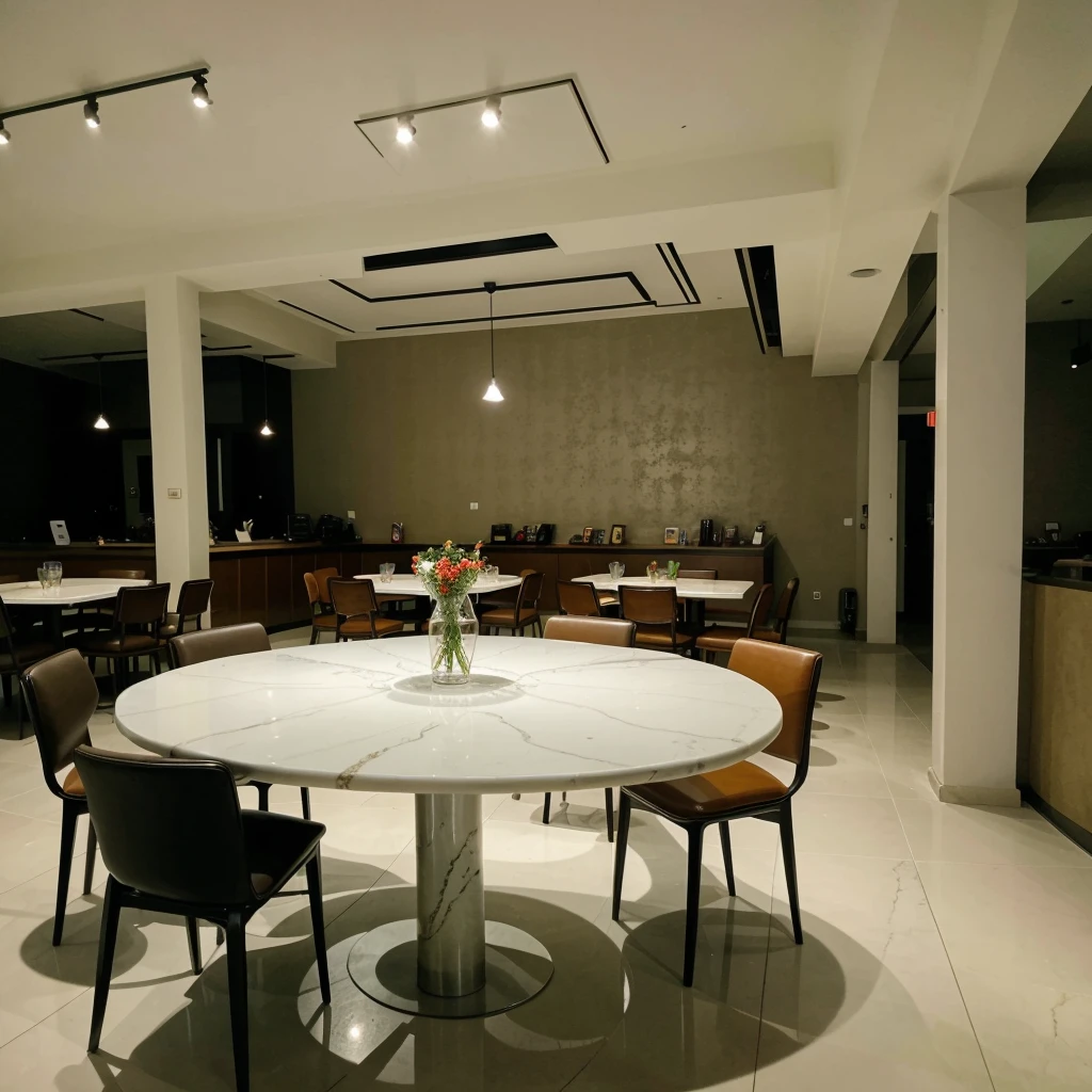 The interior of the restaurant is modern style. There is a round flat table in the middle. There is a five-page screen on the left rear of the table. There are no stools and no marble floor. There is a carp sculpture on the right front.