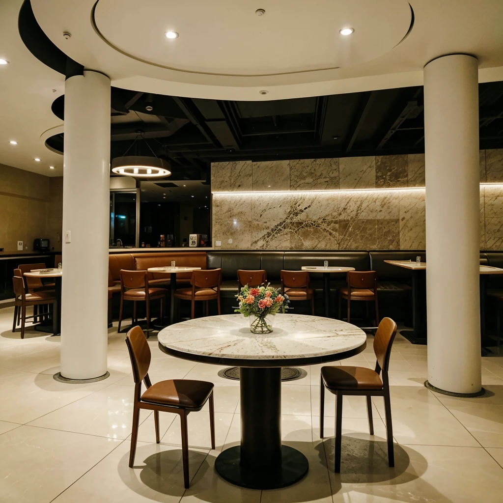 The interior of the restaurant is modern style. There is a round flat table in the middle. There is a five-page screen on the left rear of the table. There are no stools and no marble floor. There is a carp sculpture on the right front.