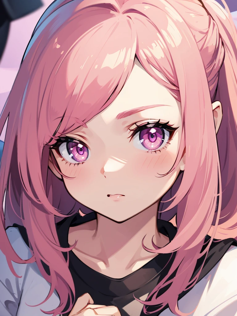 A girl. She has pink hair and pink eyes. She is very cute and thinking about something. Close-up to Face.