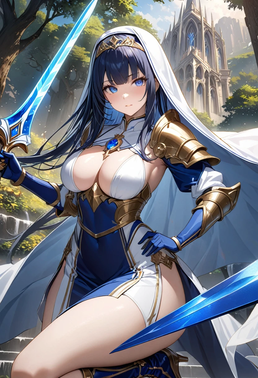 Highest quality、unity 8k wallpaper、32k、masterpiece、Very detailed、Ultra-high resolution、Very detailedな顔, RAW Photos, Professional, Ultra-fine painting,　Warrior Saint、Midnight blue long straight hair、Platinum tiara with blue gemstones、Blue Nun Cape、Red Eyes、(Tree Eyes), Cool and sharp features, hime cut, 20～A female magical warrior, about 24 years old.、White and gold breastplate、Blue and white leotard、(((Blue and white gold-embellished long pencil skirt with side armor and long slits)))、Half puff sleeves with shoulder pads、A large white ribbon with a large sapphire on the chest、White and blue long gloves、(((White and blue thigh-high stiletto boots)))、whole body、He has a spear with a glowing blue blade