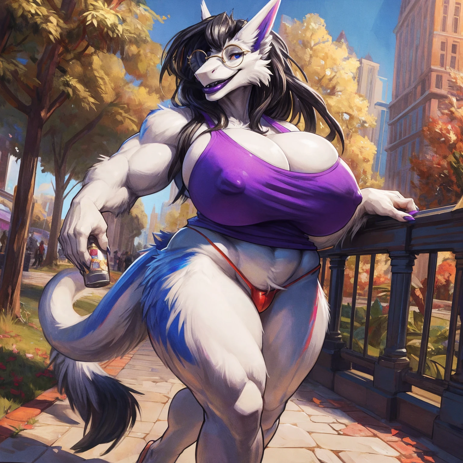 by darkgem, by duase, solo, 1girl, sergal, (white fur:1.3), black hair, seductive smile, round glasses, female, older woman, milf, anthro body, broad shoulders, wide body, hyper hips, thick thighs, big arms, hyper breasts, nipple outline, highly detailed eyes, tank top, (g-string:1.3), flip flops, Masterpiece, best quality, absurd res, highly detailed, cleanly drawn eyes, park environment, standing upright, (big bottom lip:1.2), purple lipstick, casual posture, full body, walking towards viewer,