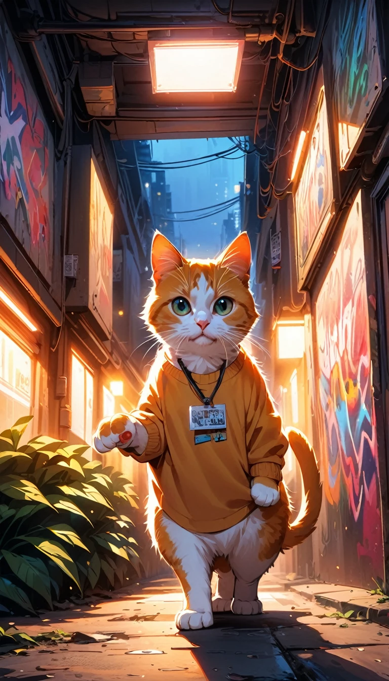 Graffiti style anime style, adventurer cat, dense jungle, holding a machete . vibrant, urban, detailed, tag, high quality photography, 3 point lighting, flash with softbox, 4k, Canon EOS R3, hdr, smooth, sharp focus, high resolution, award winning photo, 80mm, f2.8, bokeh