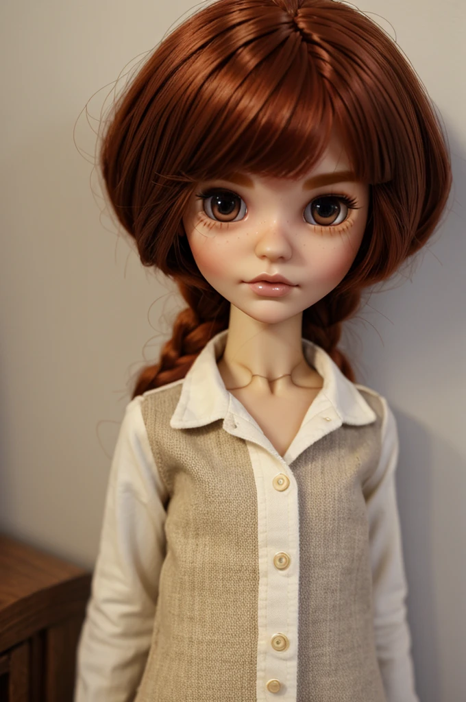 blythe solo
a bytle doll with short curly hair with a bit of a pompadour, equally curly, dark brown hair, dark brown eyes, ball nose, moderately ugly lips