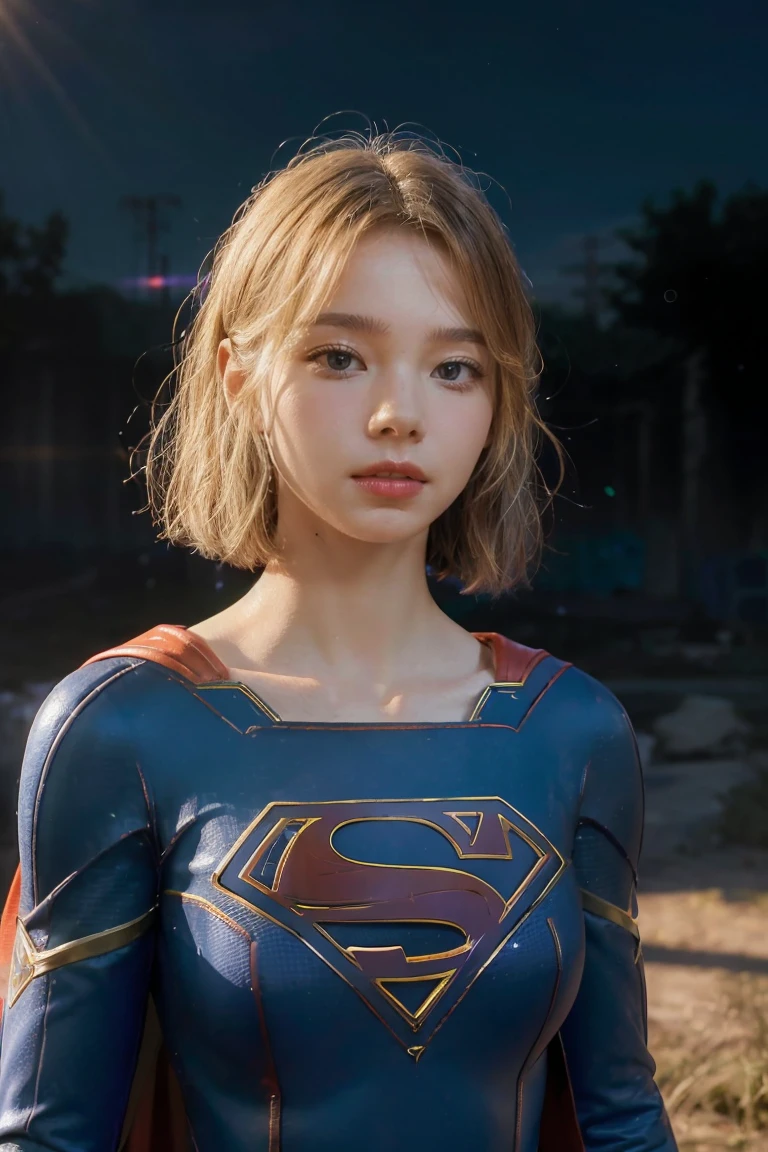 ((Best Quality)), ((Supergirl masterpiece)), (highly detailed: 1.3), 3D, Shitu-mecha, beautiful cyberpunk women with their mecha in the ruins of the city of a lost war, ancient technology, blonde with blue eyes, superman symbol S on the chest, (High Dynamic Range), Ray Tracing, NVIDIA RTX, Super-Resolution, Unreal 5, Subsurface Scattering, PBR Texturing, Post-processing, Anisotropic filtering, Depth of field,  Maximum clarity and sharpness, Multilayer textures, Albedo and specular maps, Surface shading, Accurate simulation of light-material interaction, Perfect proportions, Octane Render, two-tone lighting, Low ISO, white balance, rule of thirds, wide aperiature, 8K RAW, efficient sub-pixel, sub-pixel convolution, luminescent particles, light scattering, Tyndall effect