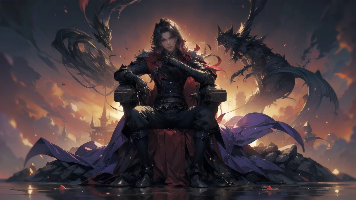 (pressurdos, High resolutions, ultra detailed, HDR), masterpiece, Best quality, last fantasy VII, Vincent Valentine, only 1 person, Beautiful, wide, black hair, Bright red eyes, Beautiful eyes and a detailed face, armor, ((Intricate weapons)), Sitting on the throne, legs open, fake smile, irritating. last fantasy, press, Cool pose, Anime boy on the bed, putting your hands on your head, beautiful anime pose, Anime hombre Beautiful, anime male character, Cool anime 8K, Detailed art of anime characters, HDR Anime McManus Anime Concept, Anime boy, Ikuto Yamashita, CG anime soft art, manga wallpaper 4k, inspired by Yamagata Hiro, Anime wallpaper