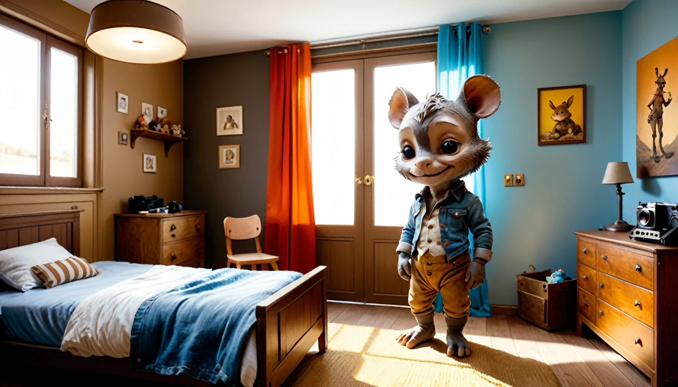 (style de film photo), anthropomorphe, mignon petit baby boy , dans sa chambre, étudier, 2D, coloré, Ambiance chaleureuse, brillant, Jean-Baptiste Monge style, À la manière d'Alan Lee
