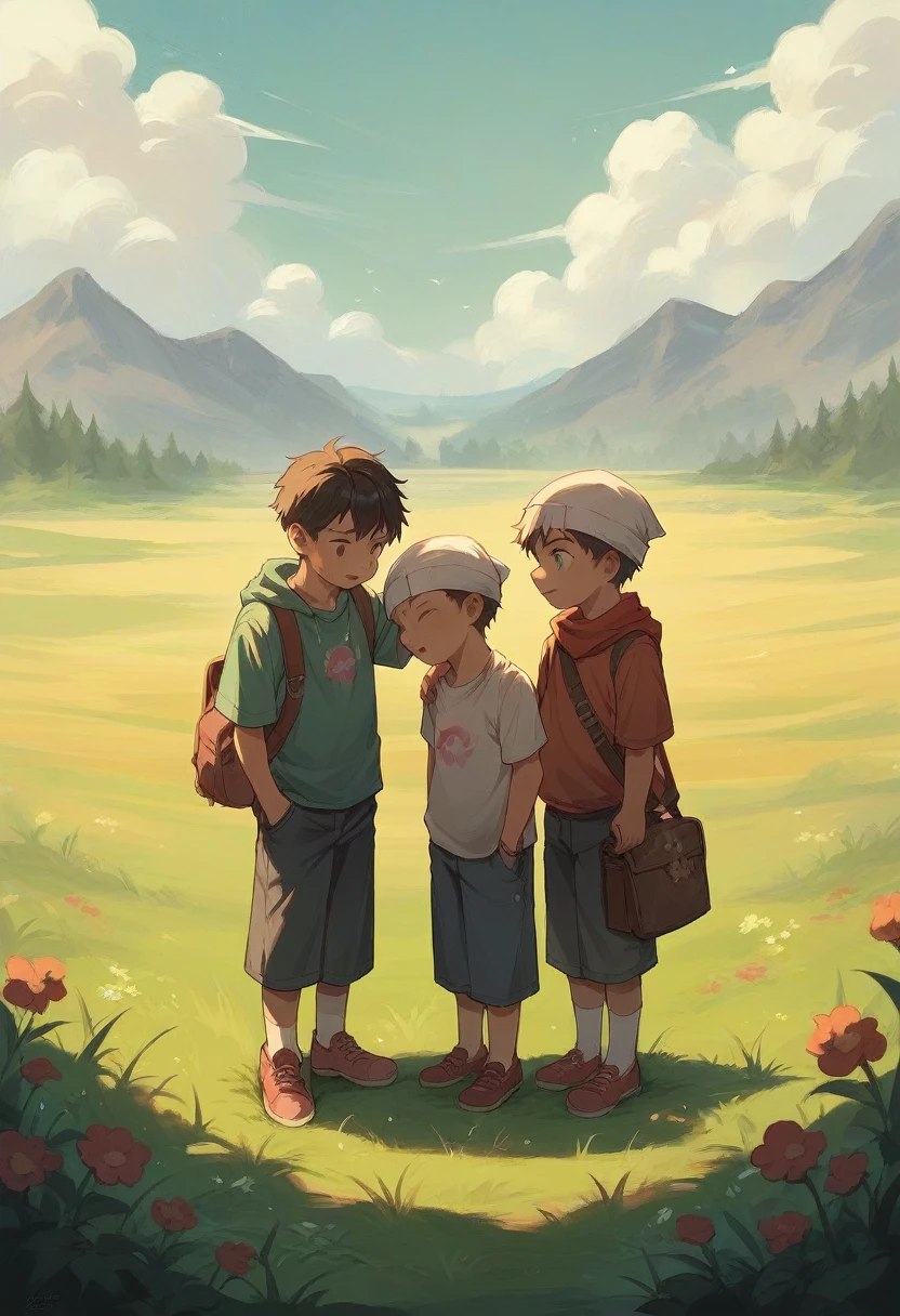 Boy in a field playing with children at dawn