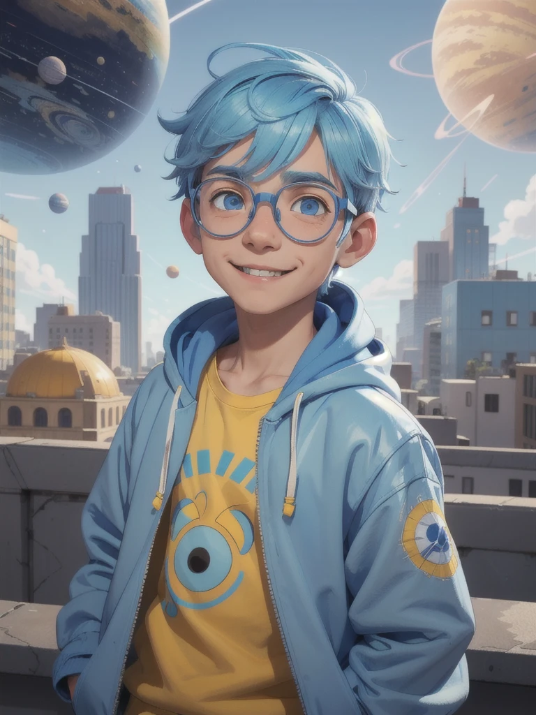 Loli boy, light blue hair, taken, Modern accessories, hoods, Sweatshirt , eye glass, delicately detailed eyes, A delicate and delicate smile, milkyW, Perosant, holograph, buildings background and planets in the sky. a boy wearing blue jacket and yellow t shirt, long light blue hair and wearing yellow cap, big ayes , cute , happy face, wearing spectacles , little boy , in the background some buildings and in the sky some planets, forcuse on the boy, use syberpunk colors, and 3D image. 8k. blured mixed background