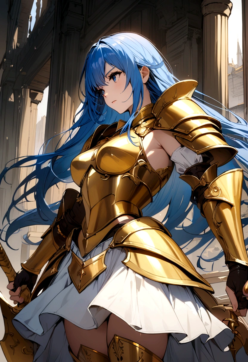 Warrior Girl, Long blue hair, golden torso sleevless armor, long gold boots, white skirt, with a short Sword