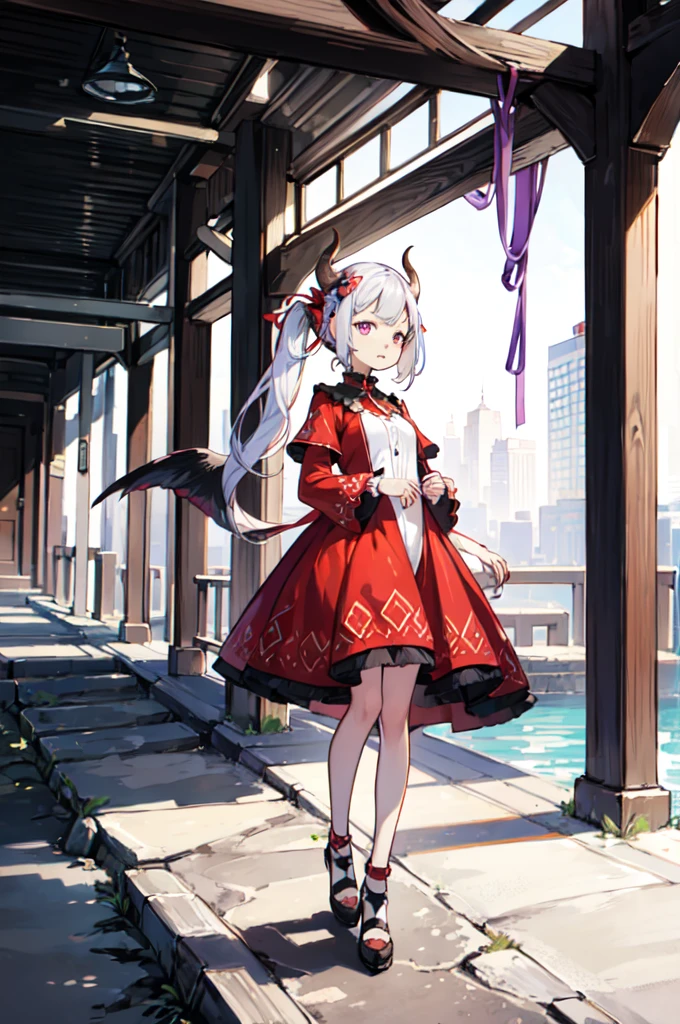 A woman with short red, purple, and white hair. Wearing a red and purple dress and has buffalo horns. Full body.