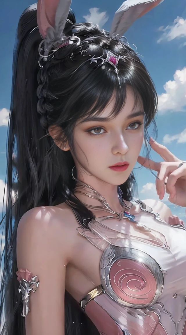 (1 girl:1.3), alone, __body parts__, official art, unified 8k wallpaper, Super detailed, Beautiful and beautiful, masterpiece, best quality, raw, Super detailed photos, best quality, ultra high resolution, photorealism photorealism, Sunlight, full body portrait, amazing beauty, delicate face, vibrant eyes, (from the front), Detailed face, Gorgeous, highly refined skin, Realistic skin details, Visible pores, sharp focus, Volumetric fog, 8K Ultra HD, SLR camera, high quality, film grain, White skin, photorealism, black hair, black hair, breast, open eyes, Slit sleeves, skinny, transparent, Pink, skirt, transparent panties, Pink, twisted braids, long braids, jewelry, gold accessories, Gorgeous accessories, complicated, delicate lips, long hair, medium breast, outdoor, close lips, petal, peach blossom, Rabbit ears, Pink Rabbit ears, permanent, dynamic poses, Upper body