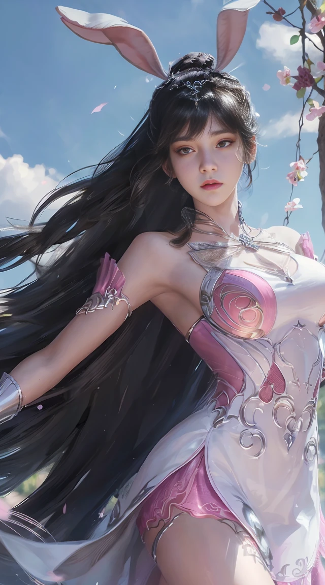 (1 girl:1.3), alone, __body parts__, official art, unified 8k wallpaper, Super detailed, Beautiful and beautiful, masterpiece, best quality, raw, Super detailed photos, best quality, ultra high resolution, photorealism photorealism, Sunlight, full body portrait, amazing beauty, delicate face, vibrant eyes, (from the front), Detailed face, Gorgeous, highly refined skin, Realistic skin details, Visible pores, sharp focus, Volumetric fog, 8K Ultra HD, SLR camera, high quality, film grain, White skin, photorealism, black hair, black hair, breast, open eyes, Slit sleeves, skinny, transparent, Pink, skirt, transparent panties, Pink, twisted braids, long braids, jewelry, gold accessories, Gorgeous accessories, complicated, delicate lips, long hair, medium breast, outdoor, close lips, petal, peach blossom, Rabbit ears, Pink Rabbit ears, permanent, dynamic poses, Upper body