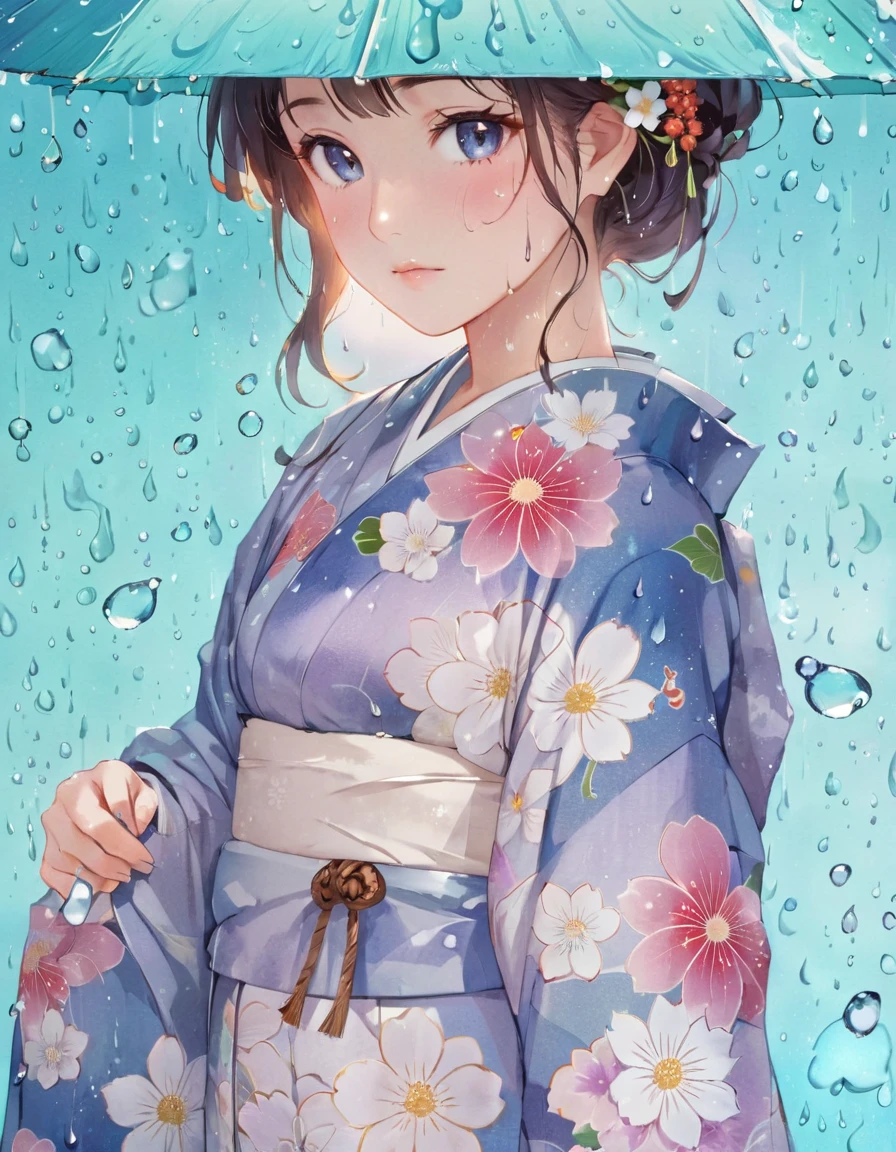 anime girl in blue kimono with flowers and raindrops, in kimono, in a kimono, Inspired by Shinsui Ito, Written by Nobuzada Yanagawa, by Rei Kamoi, by Kusumi Morikage, Written by Eizan Kikukawa, Inspired by Shoen Uemura, Inspired by Miho Hirano, wearing kimono, kimono