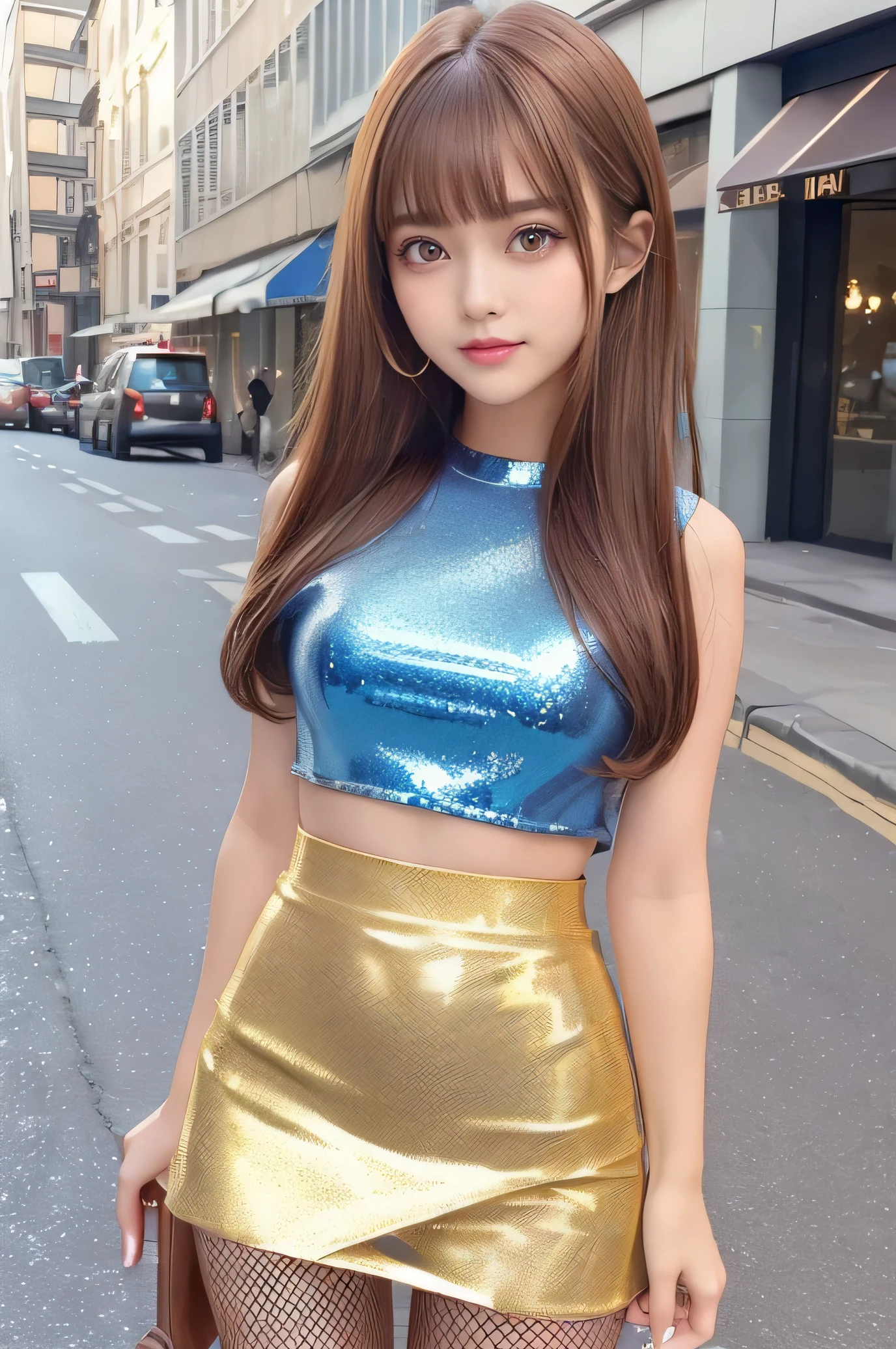 (Very beautiful loli young girl:1.2), (loli face:1.4), (large eyes:1.2), (clear-eyed), small straight nose, small mouth, (v-line jaw:1.1), Beautiful detailed eyes, Detailed double eyelids, Long straight brown hair, see-through bangs, beautiful detailed face, drooping eyes, (Fair skin: 1.3),(18 yo:1.2),(smiling),BREAK (Super Shiny metallic gold Tight mini Skirt :1.3),
(Super shiny Metallic blue Brilliant and stylish summer tops:1.4) , (super large fishnet pantyhose:1.3) , Walking,
Costume lighting,(costume with strong reflective surfaces:1.3),
In the street ,
(Brown hair:1.3)