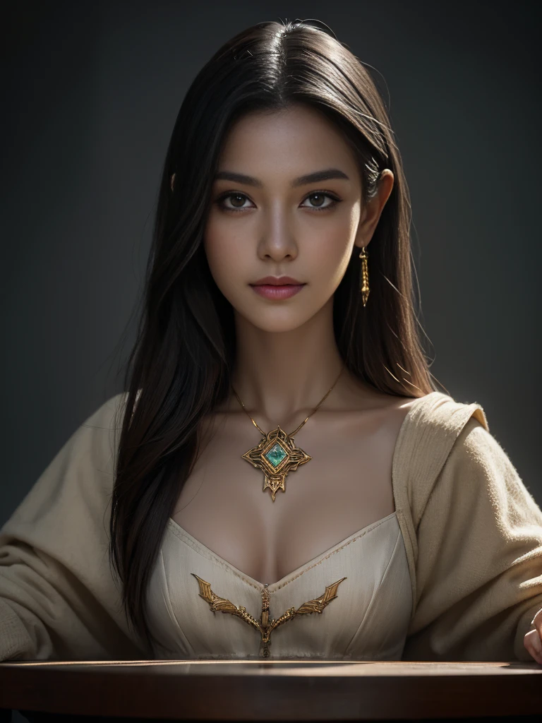 Highest quality,masterpiece,masterpiece portrait,Intricate details,Magnificent Light,Fantasy,Dungeons & dragon,Retro,priest,Dark Elf,One girl,Wooden table,Shoulder strap,Grey Skin,Elegant smile,squint,Close-up portrait of a Mycenaean Drow woman wearing gold jewelry, Spider:0.9, web:1.0, Fantasy, Volumetric lighting, コンセプトart, Brush Stroke Style, artステーション, trend, Very detailed, art:Greg Rutkowski