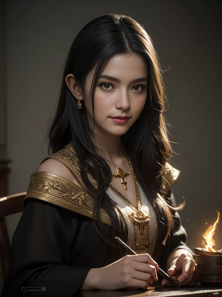 Highest quality,masterpiece,masterpiece portrait,Intricate details,Magnificent Light,Fantasy,Dungeons & dragon,Retro,priest,Dark Elf,One girl,Wooden table,Shoulder strap,Grey Skin,Elegant smile,squint,Close-up portrait of a Mycenaean Drow woman wearing gold jewelry, Spider:0.9, web:1.0, Fantasy, Volumetric lighting, コンセプトart, Brush Stroke Style, artステーション, trend, Very detailed, art:Greg Rutkowski
