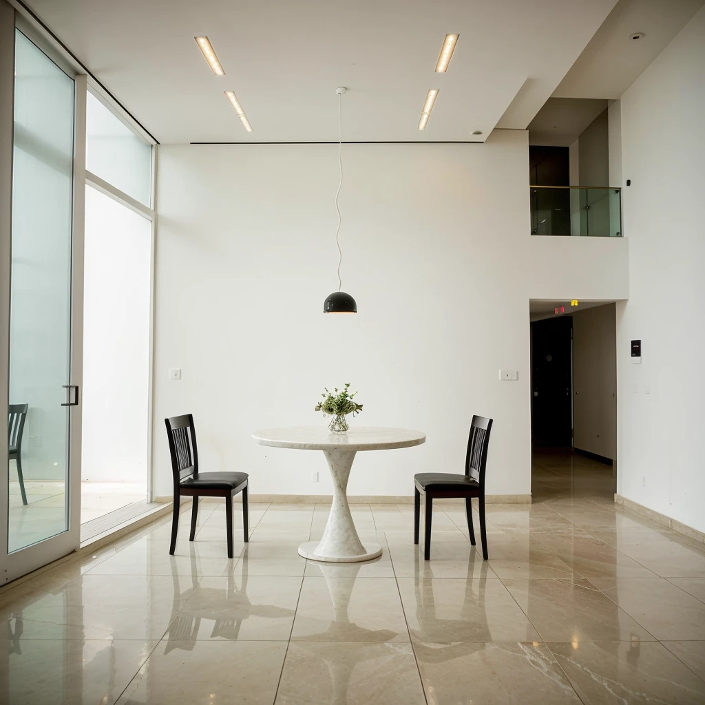 The interior is a modern restaurant with a round flat table in the middle. There is a five-page screen on the left rear of the table. There are no stools, no people, no windows. The interior lights are museum lights, the marble floor, and there is a carp sculpture on the right front.