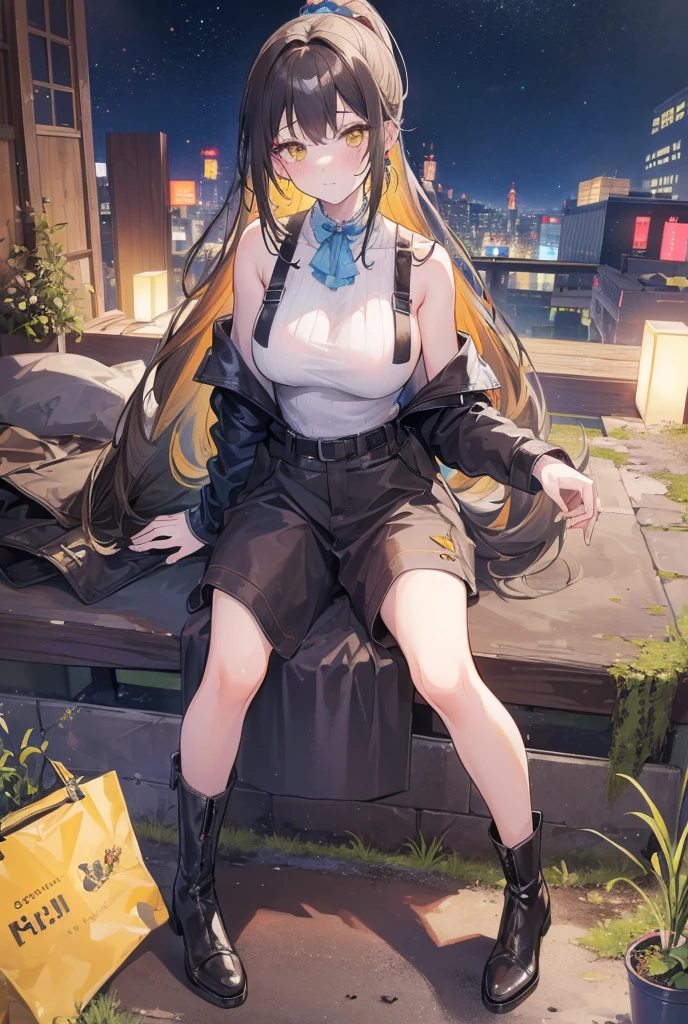 (best quality, 8K, high resolution, masterpiece:1.2), Extremely detailed, Smooth rendering, Precise composition, triangular composition, Light blue double ponytail, Yellow eyes, White skin, 16 year old western anime style girl, Wearing a cyberpunk orange vest and metal boots, landscape in background, Full body depiction, Splatter art style, Struggling in the mire, Legs stuck in the mud, Dark brown muddy swamp, at night, An expression of despair.