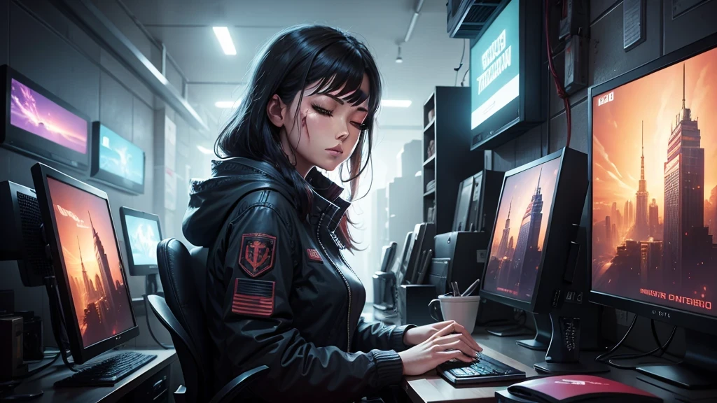 There is a woman sitting at a desk with a laptop and a monitor, digital Cyberpunk anime art, Digital Cyberpunk - Anime Art, Cyberpunk Anime Girl, Cyberpunk Anime Girl in hoodie, Cyber , female Cyberpunk Anime Girl, anime cyberpunk art, Cyberpunk anime art, Cyberpunk art style, dreamy Cyberpunk Girl, Cyberpunk Girl, Cyberpunk Style, Cyberpunk beautiful girl, Cyberpunk themed art,eyes closed