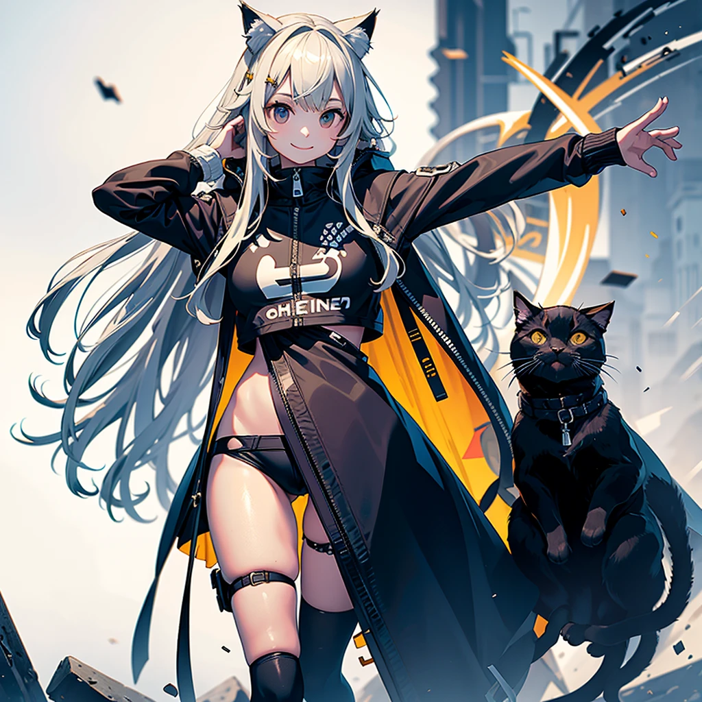 ((masterpiece, Highest_quality)), One girl, (Realistic:1.4), alone, white_background, brown_hair, length_hair, absolute_ryouiki, ((full_body)),Large hooded jacket_The zipper is closed only at the bottom、The belly button is visible、Short tank top_black、Cat ear、It has a big tail、Big sneakers((Push both hands forward)、((Leaning forward)),Front face、smile、Reaching arms forward
