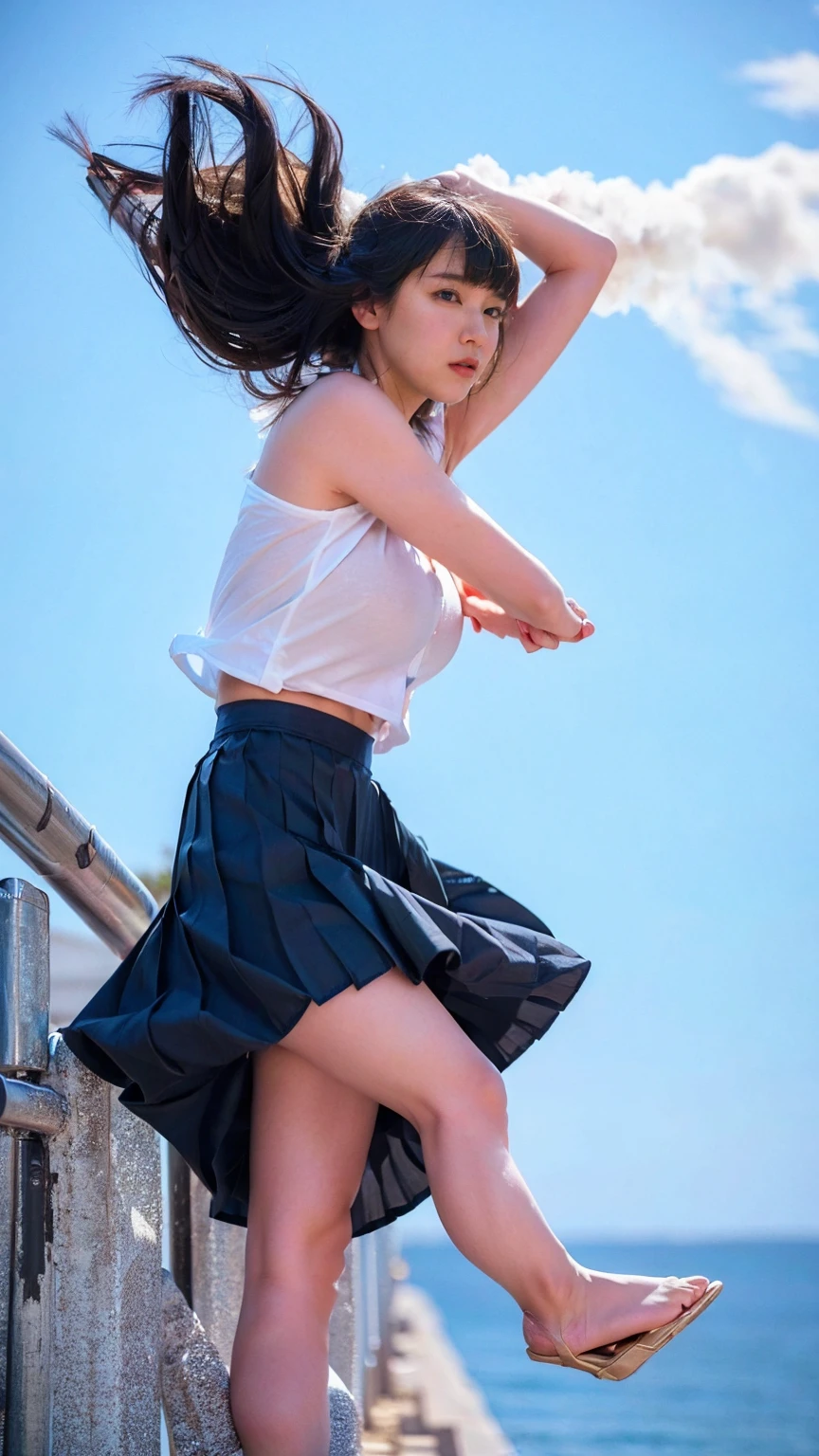 (((A strong wind blows up her hair and skirt:1.62)))、((Viewing angle from below、Highest quality、masterpiece、32k、Every detail))、Descend the outdoor stairs、commute、Systemic symptoms、Traditional navy blue sailor uniform、White blouse、(((Mini Pleated Skirt, No underwear:1.22)))、(( I always wear the strap of my bag across my body..:1.22))、One Girl, alone、((((Big Breasts:1.44、barefoot, High heels))))