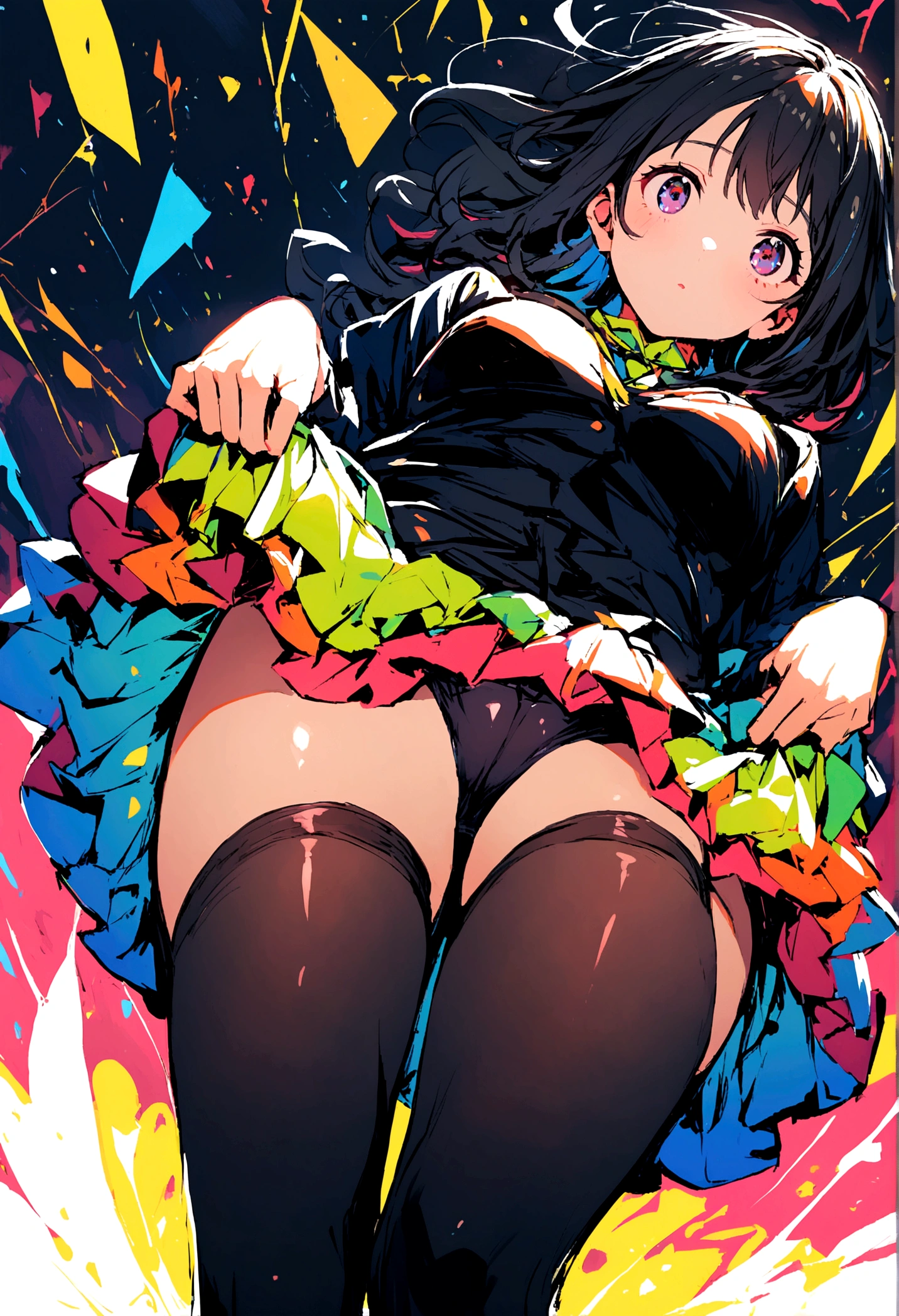 A girl in a , long black stockings and a miniskirt lifting her skirt in a downward camera angle looking up