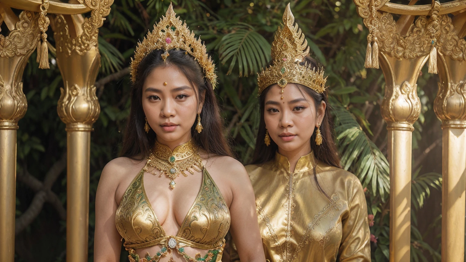 ภาพเต็มตัว, Create an image of the female ogre (nang yak) from the Thai epic 'Phra Aphai Mani'. She is depicted as a towering, majestic figure with green skin, fierce yet beautiful facial features, and traditional Thai attire adorned with intricate gold ornaments. Her long, flowing hair is decorated with traditional Thai jewelry. The background is a lush, mythical forest with exotic plants and flowers, capturing the enchanting and mystical atmosphere of the story.