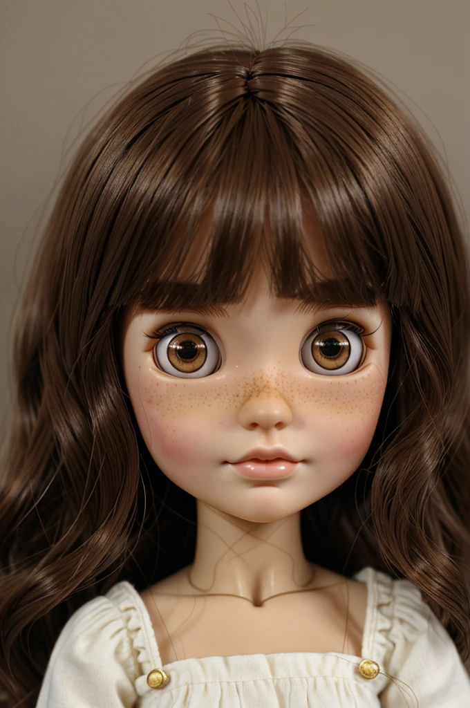 Create a Blythe doll ,long wavy brown hair ,Brown eyes ,tender and small with freckles ,large eyes