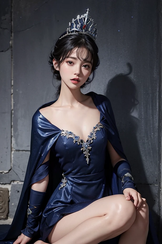8K、Highest quality、Realistic、A navy blue dress with gorgeous and glittering decorations、Gorgeously decorated dress、Red decorated dress、Wearing a small tiara on her head、Navy blue cape on the back、Black short hair、woman、On one knee, looking straight to the side、The walls are castle walls