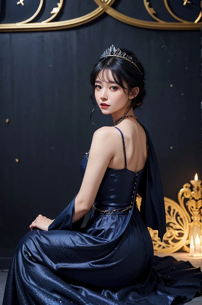 8K、Highest quality、Realistic、A navy blue dress with gorgeous and glittering decorations、Gorgeously decorated dress、Red decorated dress、Wearing a small tiara on her head、Navy blue cape on the back、Black short hair、woman、On one knee, looking straight to the side、The walls are castle walls