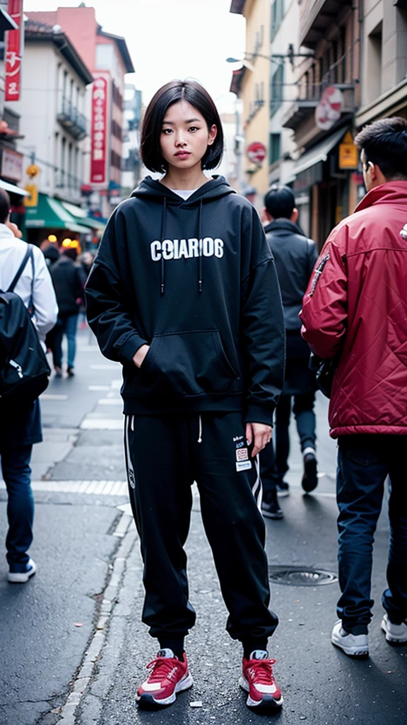 Short-haired beauty whole body Chinatown Black Hair、Brown eyes Black hoodie Black sneakers