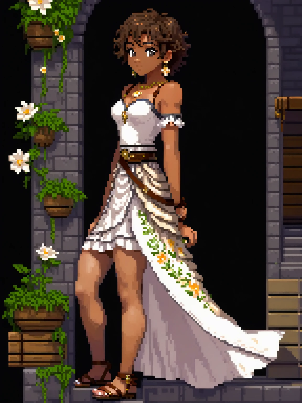 (Pixel art: 1.2), ****ung woman, 23 years old, dark skin, with medium dark brown curly hair held back by a cloth, wearing a medieval white dress with floral details, a light brown leather corset belt, a sheath for potions, gold earrings, a stone necklace, bandages on her left hand, dress covering her entire body, brown sandals, side view, visible lips and nose, Dress covering her entire legs, Black background, strong physique, neutral expression.