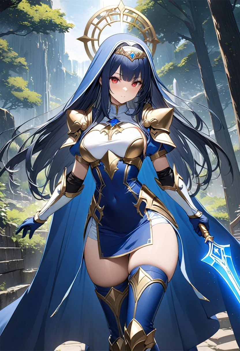 Highest quality、unity 8k wallpaper、32k、masterpiece、Very detailed、Ultra-high resolution、Very detailedな顔, RAW Photos, Professional, Ultra-fine painting, Midnight blue long straight hair、Platinum tiara with blue gemstones、Blue Nun Cape、Red Eyes、(Tree Eyes), Cool and sharp features, hime cut, 20~A female magical warrior, about 24 years old.、White and gold breastplate、Blue and white leotard、(((Blue and white gold-embellished long pencil skirt with side armor and long slits)))、Half puff sleeves with shoulder pads、A large white ribbon with a large sapphire on the chest、White and blue long gloves、(((White and blue thigh-high stiletto boots)))、whole body、He has a spear with a glowing blue blade