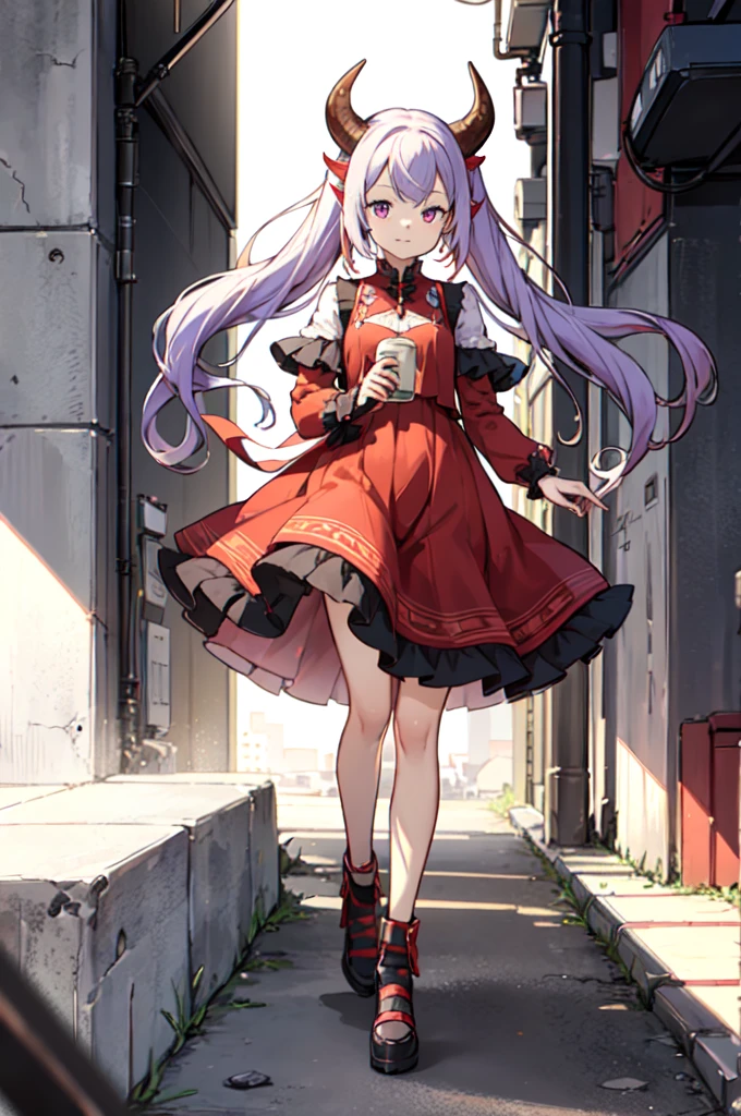A woman with short red, purple, and white hair. Wearing a red and purple dress and has buffalo horns. Full body.