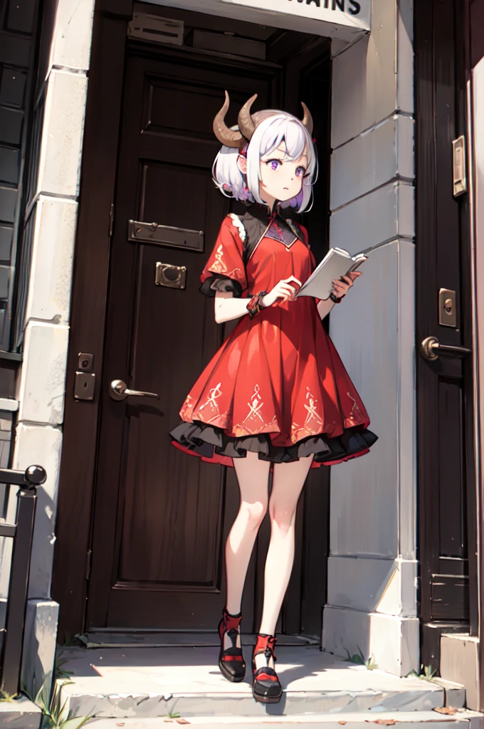 A woman with short red, purple, and white hair. Wearing a red and purple dress and has buffalo horns. Full body.