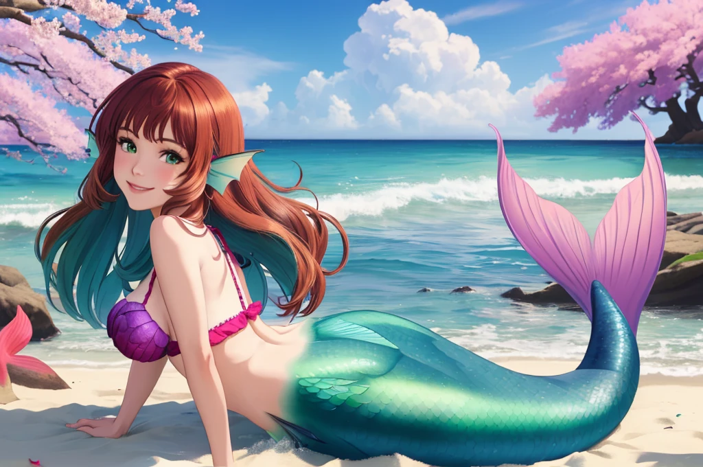 masterpiece, best quality:1.2), 1girl, smile, looking at viewer, green eyes, short brown multicolored hair, mermaid, mermaid girl, wearing purple seashell bra, laying on beach, colorful mermaid tail, outdoors, head fins, fin ears, under cherry blossoms