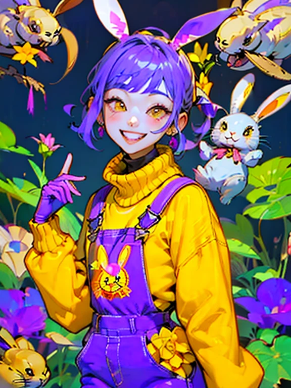 Kpop boy in soft purple turtleneck outfit, wearing pink fuchsia overalls , Yellow gloves, Smiling with teeth showing, Purple bunny ears, Liz's grinning face, The attractive pose'Not resisted