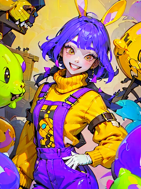 Kpop boy in soft purple turtleneck outfit, wearing pink fuchsia overalls , Yellow gloves, Smiling with teeth showing, Purple bunny ears, Liz's grinning face, The attractive pose'Not resisted