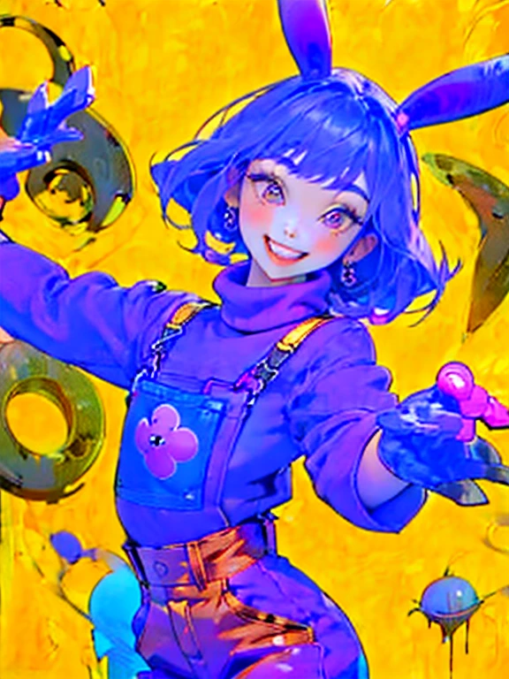 Kpop boy in soft purple turtleneck outfit, wearing pink fuchsia overalls , Yellow gloves, Smiling with teeth showing, Purple bunny ears, Liz's grinning face, The attractive pose'Not resisted