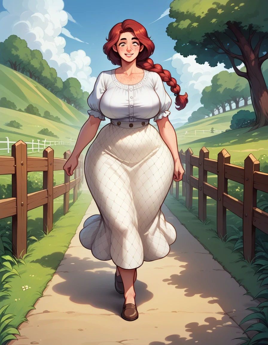 best quality, super fine, 16k, incredibly absurdres, extremely detailed, 2.5D, delicate and dynamic, a beautiful woman of 40 years, mature woman, slight smile. Mahogany-red hair, loose braid. brown eyes, black eyebrows, strong eyebrows. High cheekbones, strong chin. Freckles. Large breasts, voluptuous, broad hips. Wearing a white blouse, tweed skirt. (Walking across beautiful English countryside), (pastures in the background), sheep, fence.
