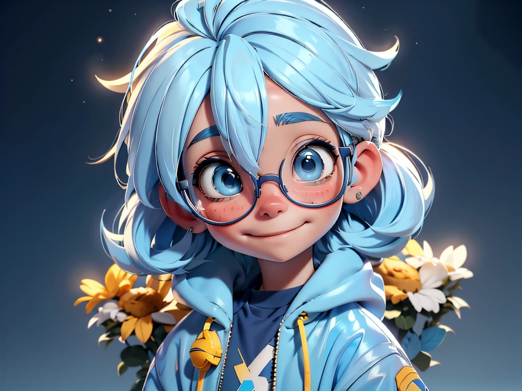 Loli boy, light blue hair, taken, Modern accessories, hoods, Sweatshirt , eye glass, delicately detailed eyes, A delicate and delicate smile, milkyW, Perosant, holograph, buildings background and planets in the sky. a boy wearing blue jacket and yellow t shirt, long light blue hair and wearing yellow cap, big ayes , cute , happy face, wearing spectacles , little boy , in the background some buildings and in the sky some planets, forcuse on the boy, use syberpunk colors, and 3D image. 8k. blured mixed background