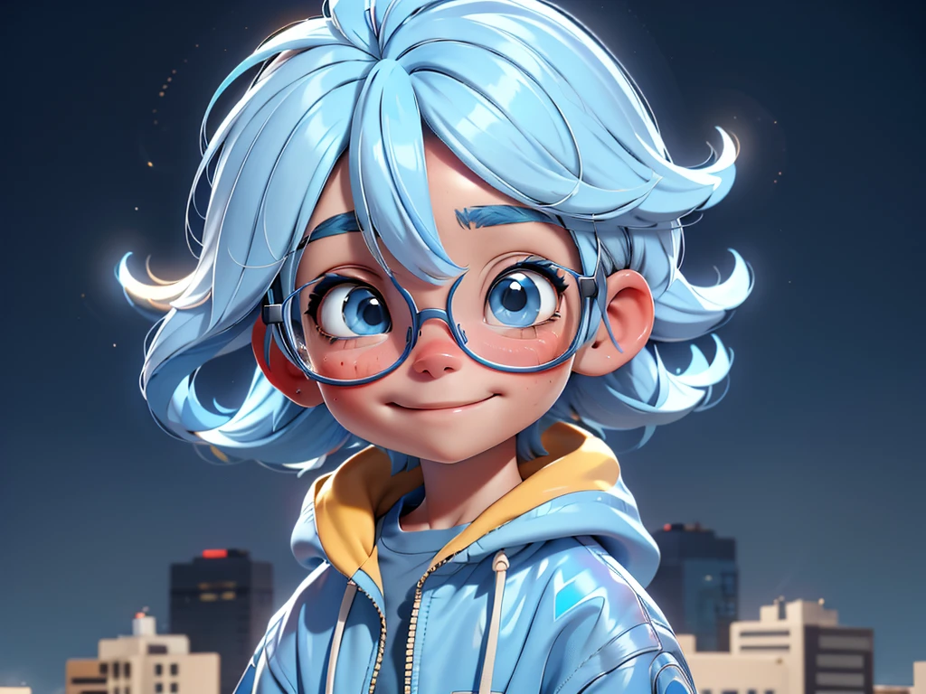 boy, light blue hair, taken, Modern accessories, hoods, Sweatshirt , eye glass, delicately detailed eyes, A delicate and delicate smile, milkyW, Perosant, holograph, buildings background and planets in the sky. a boy wearing blue jacket and yellow t shirt, long light blue hair and wearing yellow cap, big ayes , cute , happy face, wearing spectacles , littn the background some buildings and in the sky some planets, forcuse on the boy, use syberpunk colors, and 3D image. 8k. blured mixed background