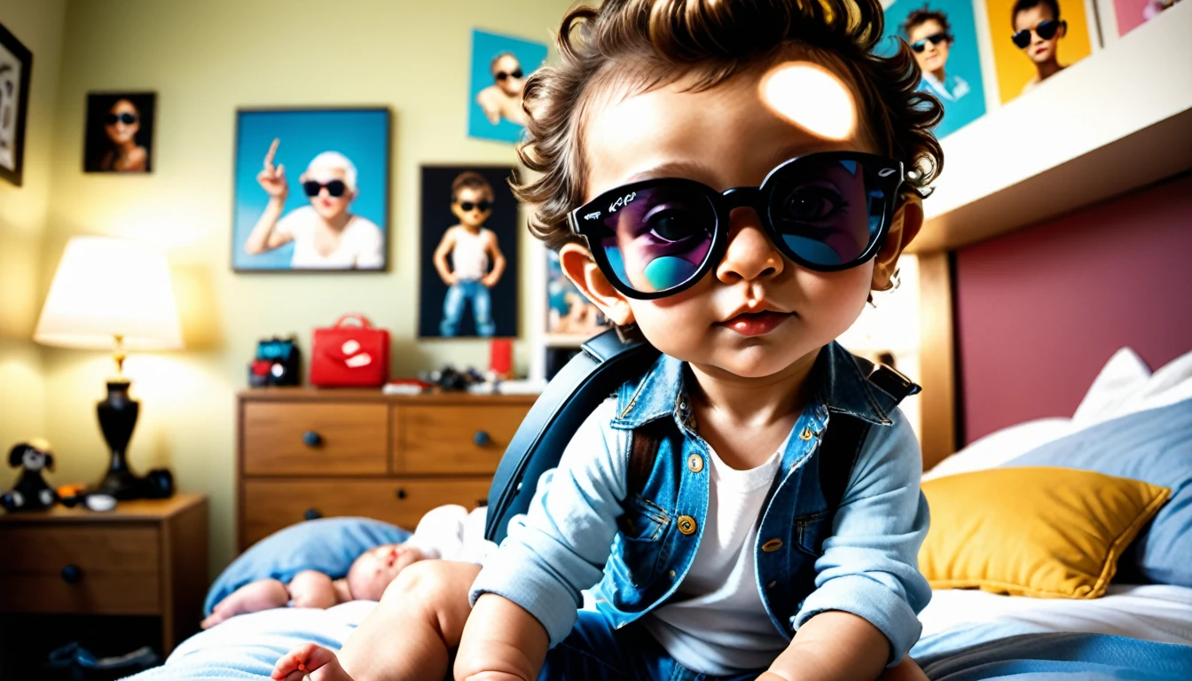 (style de film photo), cute little baby boy , sunglasses ray-ban, in her bedroom, study, 2d, colored, Ambiance chaleureuse, Glittering, Jean-Baptiste Monge style, in the way of'Alan Lee